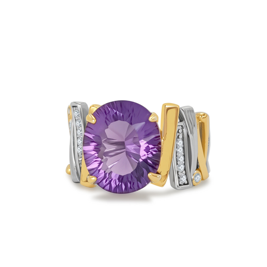 Ploutos Jewellery Eterna Amethyst Energy Ring — a handcrafted Italian 925 sterling silver ring with gold accents, featuring a brilliant round-cut amethyst centerpiece and diamond-accented details. From the Cosmic Energy Collection, this luxury ring symbolises clarity, calm, and spiritual balance through exquisite craftsmanship.