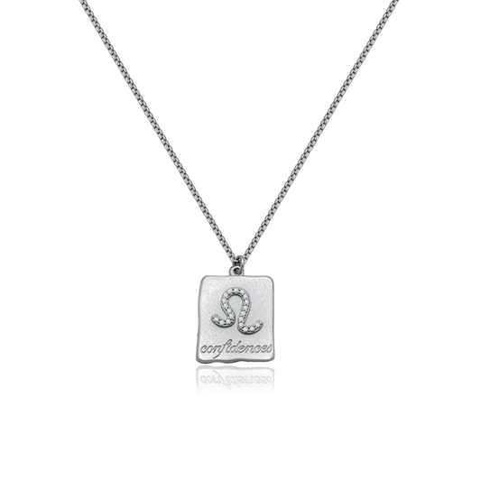 Ploutos Jewellery Leo Zodiac Necklace — 925 sterling silver pendant with cubic zirconia Leo symbol and constellation, handcrafted astrology necklace from the Cosmic Energy Collection symbolising confidence, courage, and radiant self-expression