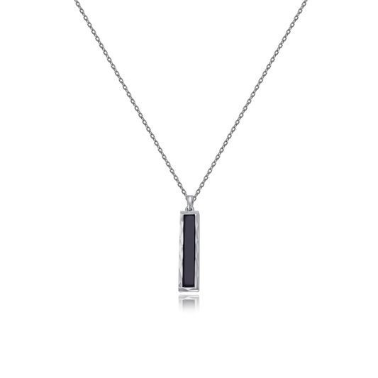 Ploutos Jewellery Noir Essence Necklace — handcrafted 925 sterling silver necklace featuring a sleek rectangular black onyx pendant. A minimalist design from the Abundance Collection symbolising balance, protection, and timeless strength with polished and matte contrasts.