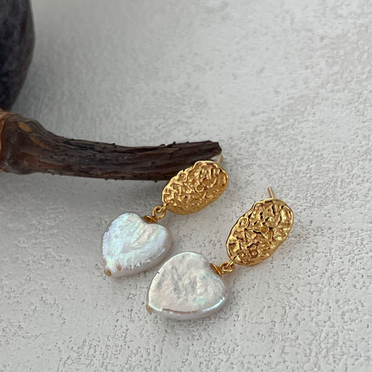 Vintage Heart Pearl Stud Earrings