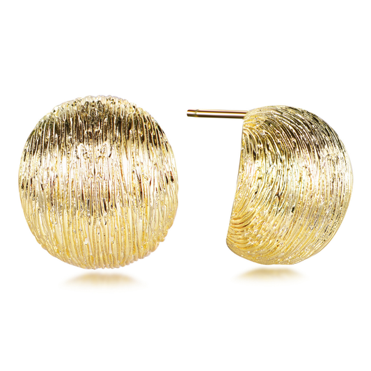 14K gold-plated round textured dome stud earrings from the Wealth Collection — elegant handcrafted jewellery symbolizing richness and timeless luxury, by Ploutos Jewellery.