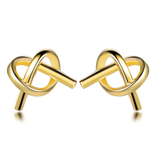 14K gold-plated knot stud earrings from the Abundance Collection — elegant twisted loop design symbolizing harmony, love, and abundance, polished minimalist finish by Ploutos Jewellery.