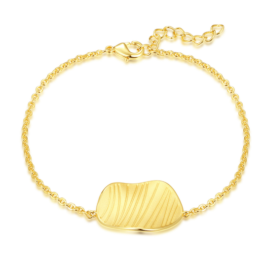 14K gold-plated minimalist bracelet with textured molten bar pendant — elegant adjustable chain design from the Wealth Collection by Ploutos Jewellery, symbolizing abundance and timeless sophistication.