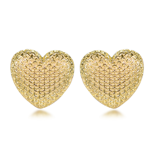 14k gold-plated heart stud earrings with textured woven pattern — elegant minimalist design from the Wealth Collection by Ploutos Jewellery, symbolizing love, prosperity, and timeless sophistication