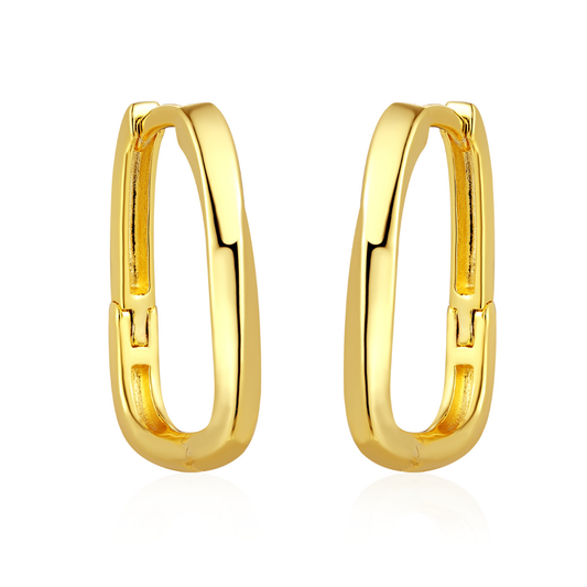14K gold-plated rectangular hoop earrings from the Wealth Collection — sleek minimalist design symbolizing strength and prosperity, polished high-shine finish handcrafted by Ploutos Jewellery.