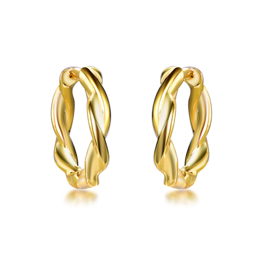 14K gold-plated twisted hoop earrings from the Wealth Collection — elegant intertwined design symbolizing unity and prosperity, high-shine finish handcrafted by Ploutos Jewellery.
