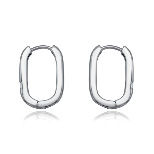 Ploutos Jewellery Arco Silver Rectangular Hoop Earrings — 925 sterling silver geometric oval-rectangle hoops with mirror-polished finish, modern minimalist design from the Abundance Collection, symbolising strength and quiet elegance.