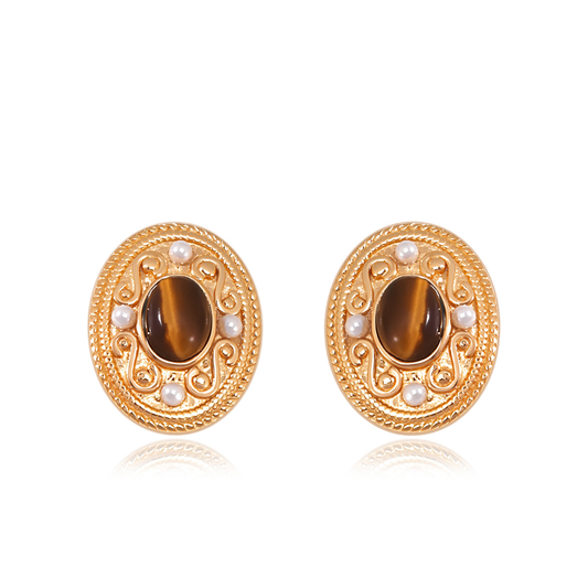 18k gold-plated Aurelia Tiger Eye Stud Earrings — handcrafted 925 sterling silver with tiger’s eye gemstones and pearl accents from the Cosmic Energy Collection by Ploutos Jewellery. Symbolizing protection, confidence, and grounding energy.