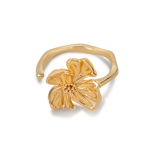 Ploutos Jewellery Bloom Gold Flower Ring — open 18K gold-plated recycled 925 sterling silver floral ring with sculpted petals reflecting light. Elegant nature-inspired jewellery symbolizing joy, growth, and individuality from the Abundance Collection。