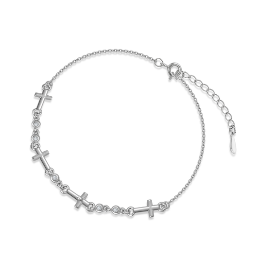 Ploutos Jewellery Celestial Cross Bracelet — 925 sterling silver bracelet with alternating cross charms and bezel-set cubic zirconia stones. Minimalist design symbolising faith, balance, and divine light from the Cosmic Energy Collection.