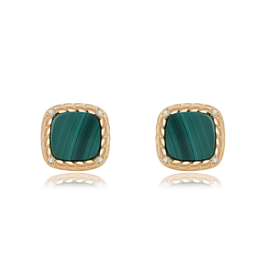 Ploutos Jewellery Emerald Crest Malachite Gold Stud Earrings — elegant 18K gold-plated 925 sterling silver studs featuring deep green malachite gemstones framed with twisted gold detailing and cubic zirconia accents. A signature piece from the Cosmic Energy Collection, symbolizing transformation, balance, and inner strength.