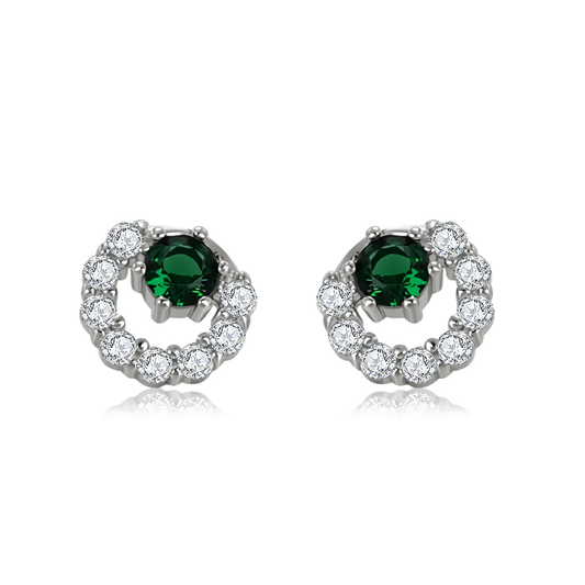 Emerald Orbit Stud Earrings in 925 sterling silver — green zircon center surrounded by brilliant white stones from the Abundance Collection by Ploutos Jewellery. Elegant circular design symbolizing harmony, renewal, and timeless sophistication.
