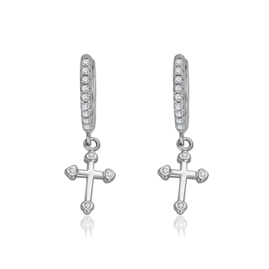 Ploutos Jewellery Faithlight Cross Hoop Earrings in 925 sterling silver — dainty stone-set hoops with dangling cross charms from the Cosmic Energy Collection, symbolising faith, balance, and quiet elegance.
