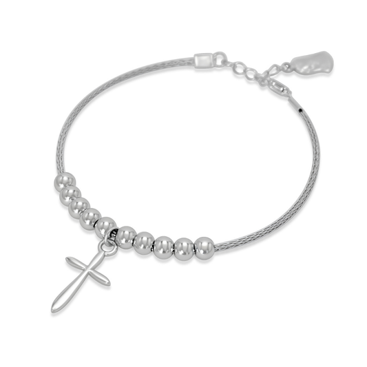Ploutos Jewellery Faithline Cross & Virgin Mary Silver Bracelet — handcrafted from recycled 925 sterling silver with polished beads, a sleek cross charm, and a subtle Virgin Mary pendant at the clasp. A modern symbol of faith, hope, and spiritual protection from the Cosmic Energy Collection.