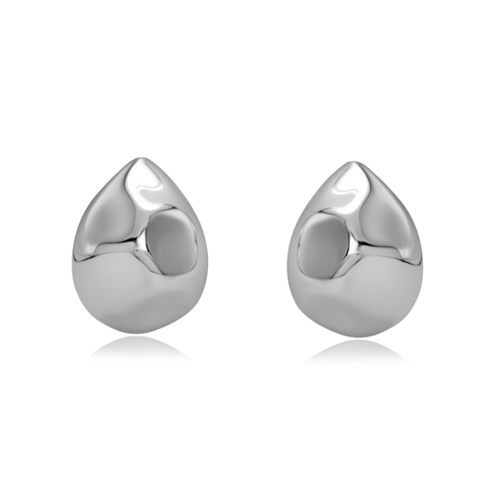 Ploutos Jewellery Fluid Teardrop Stud Earrings — 925 sterling silver sculptural studs with organic liquid-metal finish from the Abundance Collection, reflecting modern elegance and quiet strength.