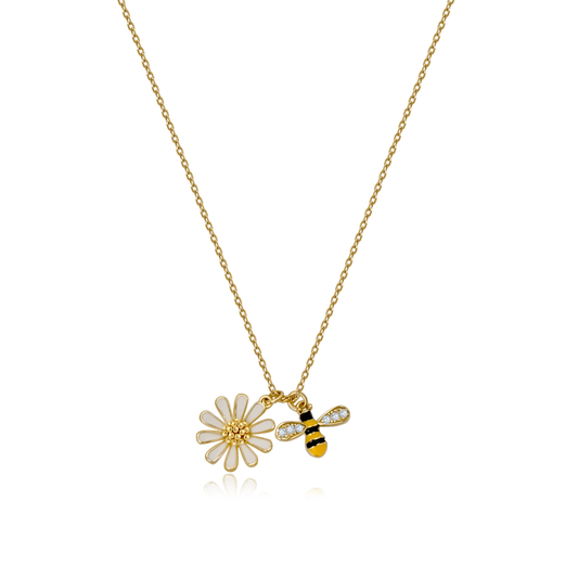 Ploutos Jewellery Honey Bloom Necklace — 14K gold-plated sterling silver chain featuring a daisy and enamel bee charm. Handcrafted with fine enamel detailing, this nature-inspired necklace symbolises joy, abundance, and feminine energy from the Abundance Collection.