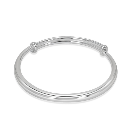 Ploutos Jewellery Luna Adjustable Silver Bangle — 999 fine silver minimalist bangle with adjustable clasp design. From the Wealth Collection, symbolising freedom, balance, and everyday elegance with a polished mirror finish for modern women.