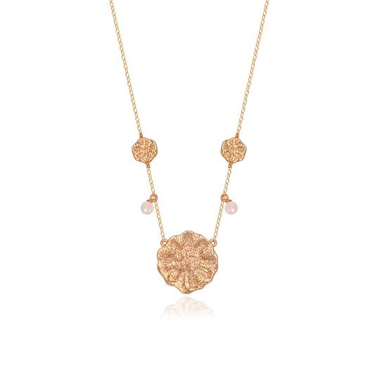 Ploutos Jewellery Luna Bloom Gold Necklace — handcrafted 18K gold-plated 925 sterling silver floral medallion necklace with natural pearl accents. Elegant gold necklace symbolizing feminine energy, growth, and harmony from the Cosmic Energy Collection.