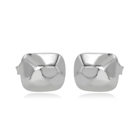 Ploutos Jewellery Luna Flow Silver Stud Earrings — rhodium-plated 925 sterling silver minimalist studs with organic, softly sculpted square design. From the Abundance Collection, these earrings reflect fluid light, calm strength, and refined modern elegance.