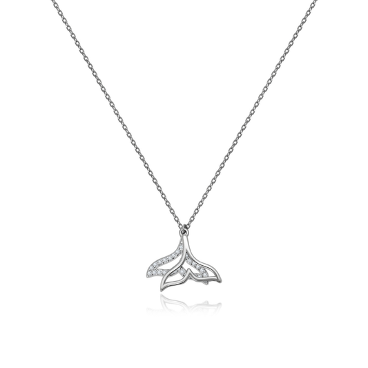 Ploutos Jewellery Ocean Whisper Necklace — elegant 925 sterling silver whale tail pendant adorned with sparkling zircon stones. A minimalist ocean-inspired necklace symbolising strength, calm, and connection to nature from the Abundance Collection.