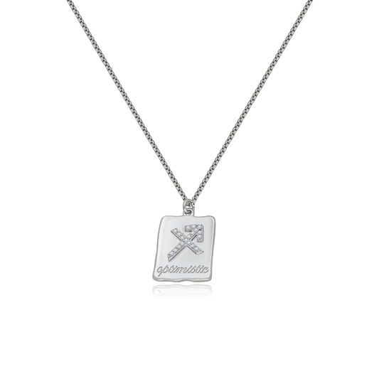 Ploutos Jewellery Sagittarius Zodiac Necklace — handcrafted recycled 925 sterling silver pendant with engraved Sagittarius symbol, sparkling zircon constellation, and ‘optimistic’ script. Adjustable chain design symbolising adventure, curiosity, and cosmic confidence from the Cosmic Energy Collection.