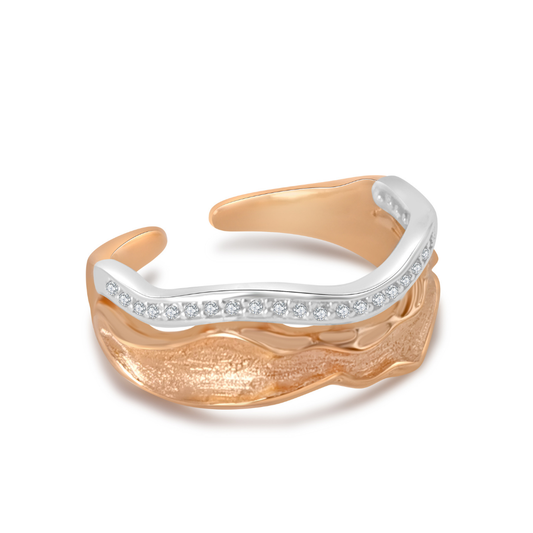 Ploutos Jewellery Tidal Wave Ring — dual-tone 18K vintage gold-plated and silver open ring handcrafted from recycled 925 sterling silver, featuring wave-inspired sculpted design with shimmering cubic zirconia. Elegant ocean-inspired statement piece from the Wealth Collection symbolizing balance, flow, and radiant strength.