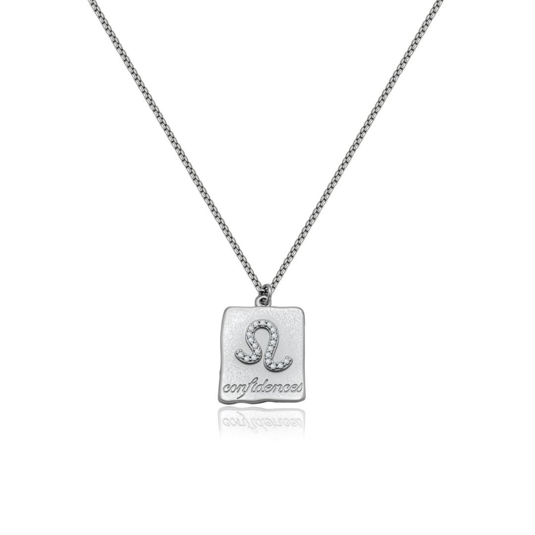 Ploutos Jewellery Leo Zodiac Necklace — 925 sterling silver pendant with cubic zirconia Leo symbol and constellation, handcrafted astrology necklace from the Cosmic Energy Collection symbolising confidence, courage, and radiant self-expression