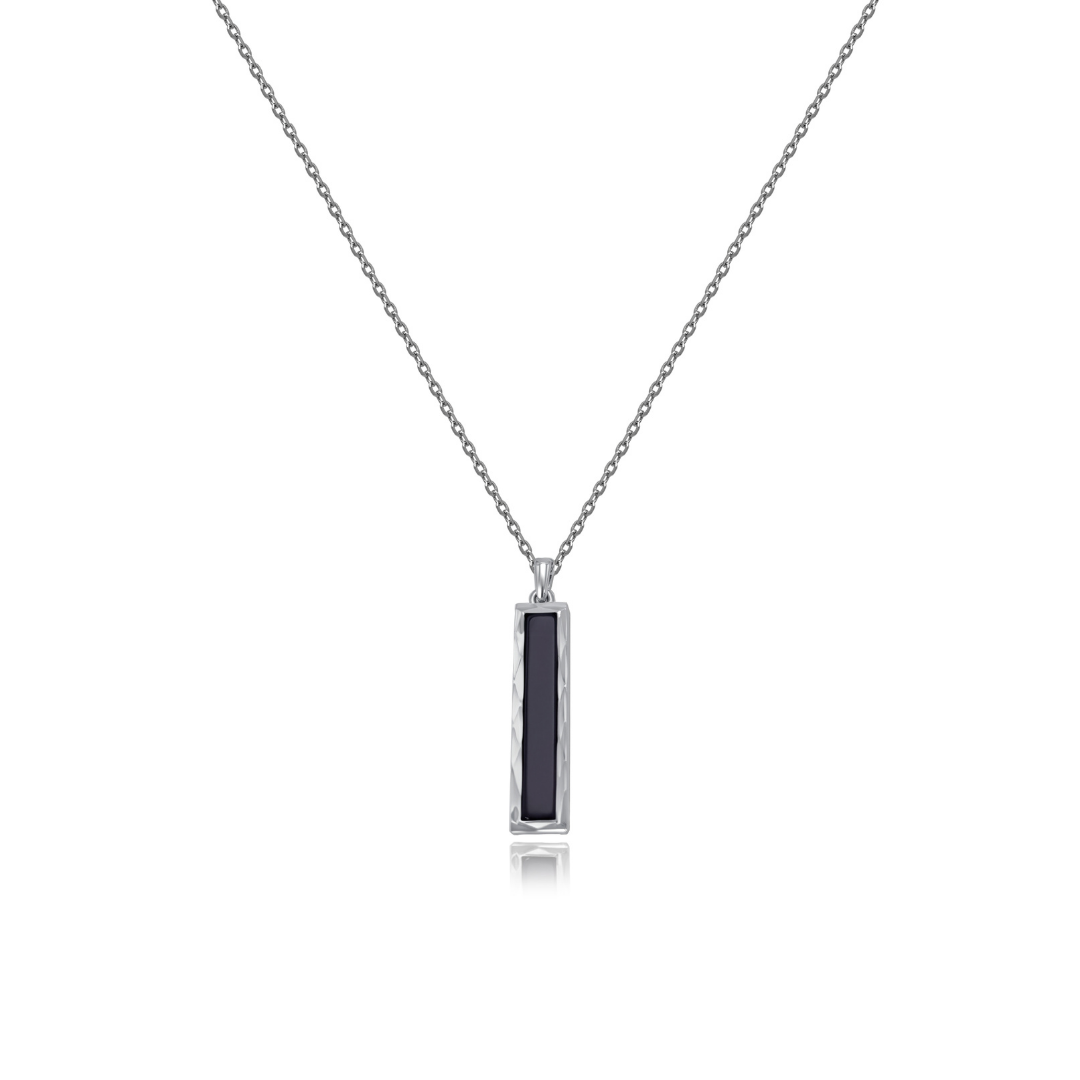 Ploutos Jewellery Noir Essence Necklace — handcrafted 925 sterling silver necklace featuring a sleek rectangular black onyx pendant. A minimalist design from the Abundance Collection symbolising balance, protection, and timeless strength with polished and matte contrasts.