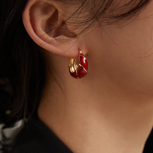 Crimson Enamel Silver Hoops