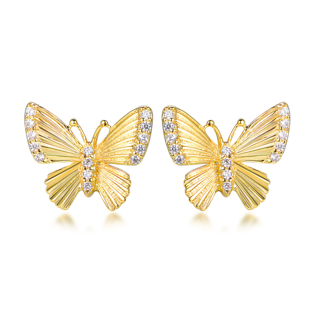 14K gold-plated butterfly stud earrings with sparkling cubic zirconia — elegant and feminine design from the Abundance Collection by Ploutos Jewellery, symbolizing transformation, freedom, and abundance.
