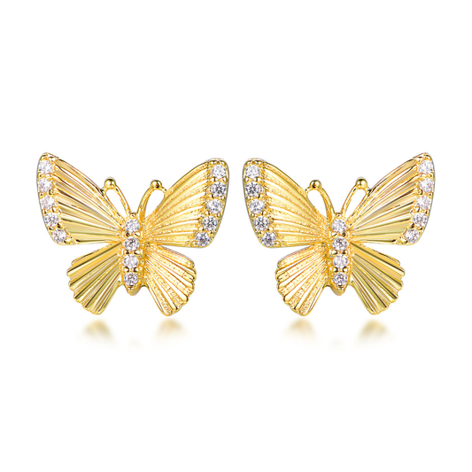 14K gold-plated butterfly stud earrings with sparkling cubic zirconia — elegant and feminine design from the Abundance Collection by Ploutos Jewellery, symbolizing transformation, freedom, and abundance.