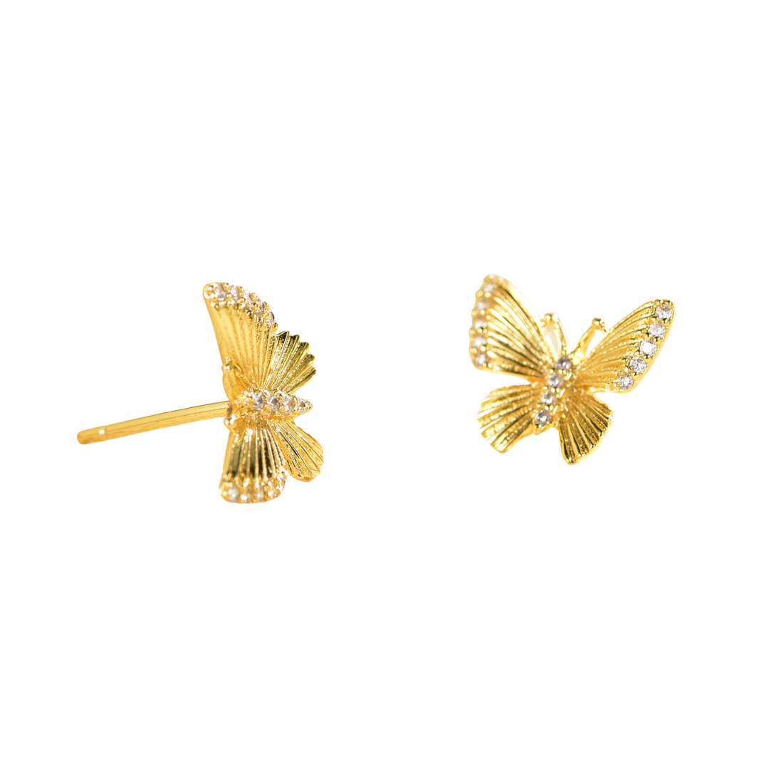 14K gold-plated butterfly stud earrings with cubic zirconia accents — detailed side and front view showcasing delicate wings and fine craftsmanship from the Abundance Collection by Ploutos Jewellery.