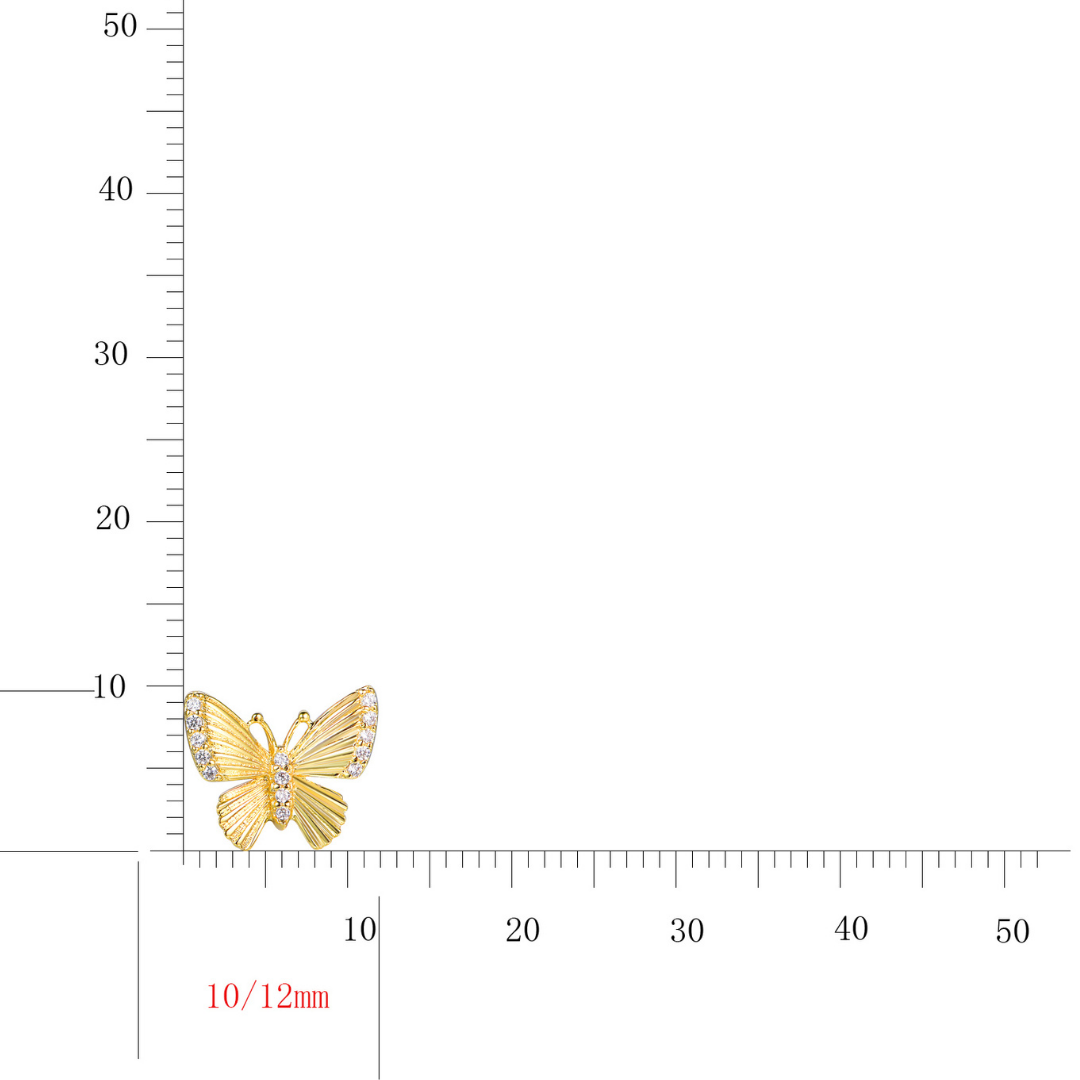 14K gold-plated butterfly stud earrings size chart — 10×12mm design with cubic zirconia detailing, symbolizing transformation and grace from the Abundance Collection by Ploutos Jewellery.