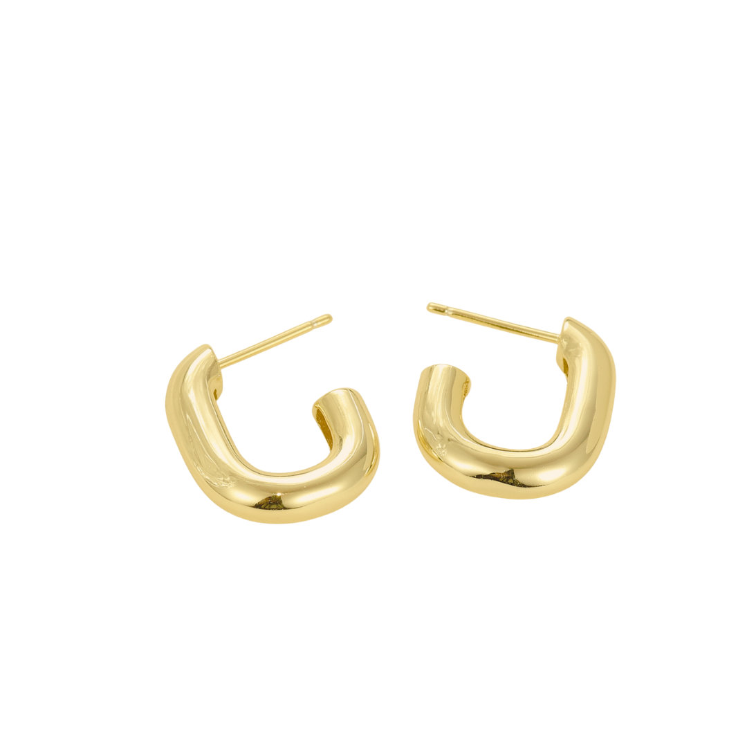 14K gold-plated chunky open hoop earrings from the Wealth Collection — polished rounded U-shape gold hoops symbolizing timeless confidence, prosperity, and quiet luxury by Ploutos Jewellery.