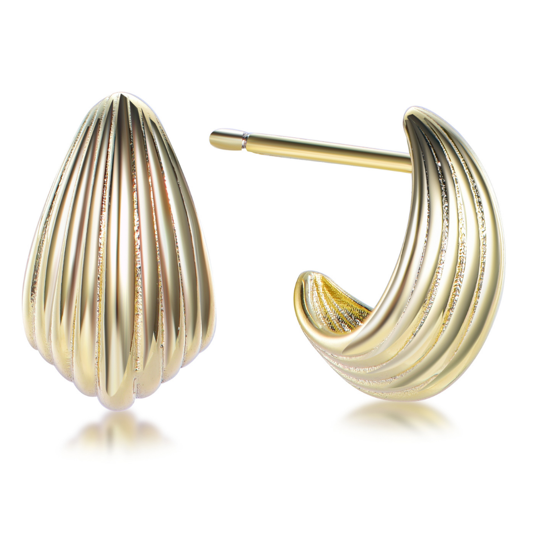 4K gold-plated sculptural dome hoop earrings from the Abundance Collection — minimalist ribbed design symbolizing fullness and prosperity, elegant statement jewellery by Ploutos Jewellery.