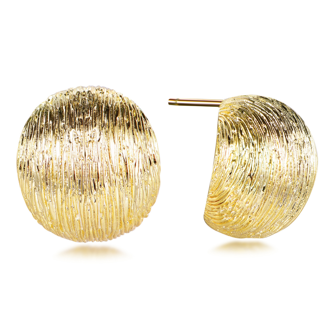 14K gold-plated round textured dome stud earrings from the Wealth Collection — elegant handcrafted jewellery symbolizing richness and timeless luxury, by Ploutos Jewellery.