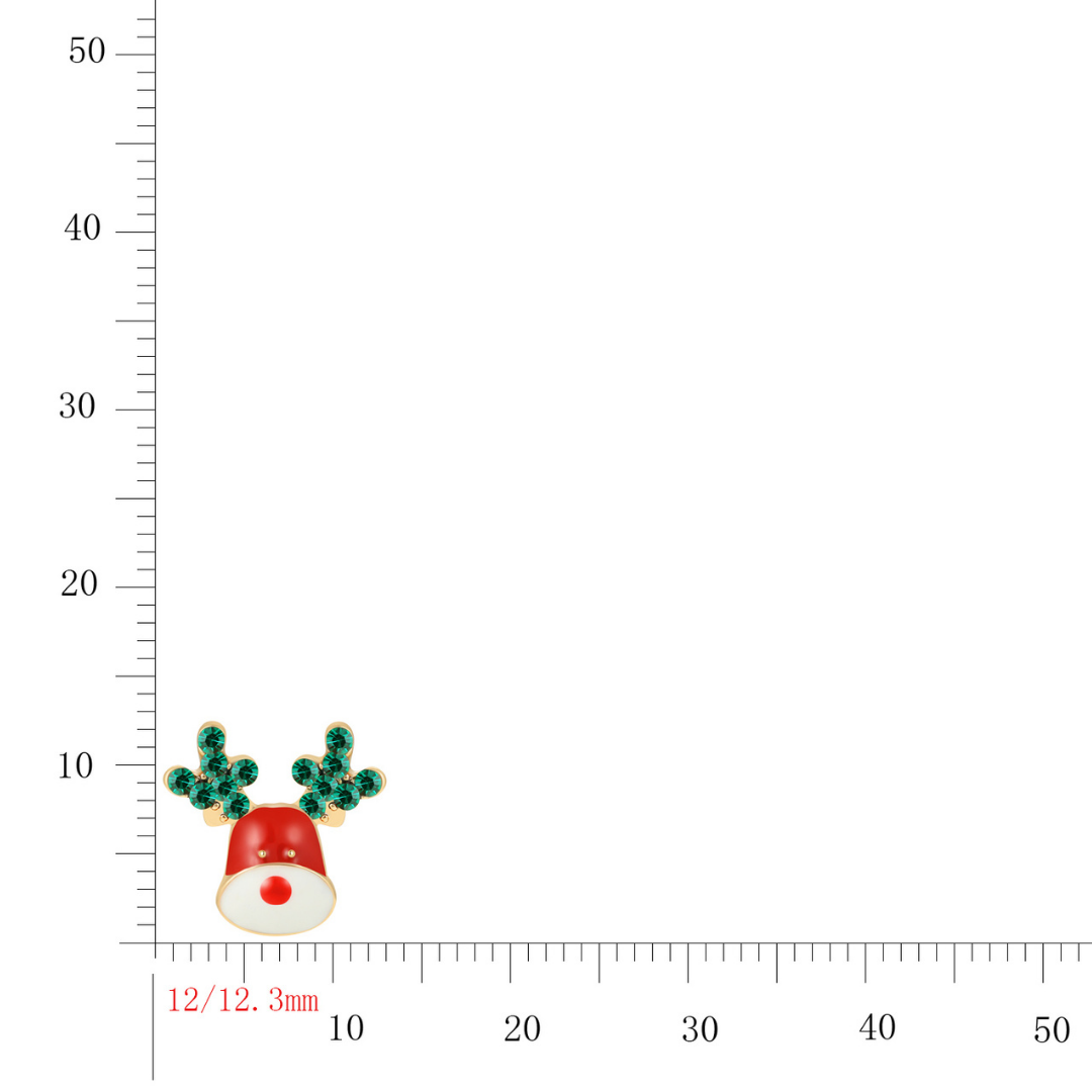 14K gold-plated reindeer stud earring with hand-painted enamel and green spinel antlers from the Abundance Collection — joyful festive jewellery symbolizing prosperity and abundance, 12mm x 12.3mm size reference image by Ploutos Jewellery.