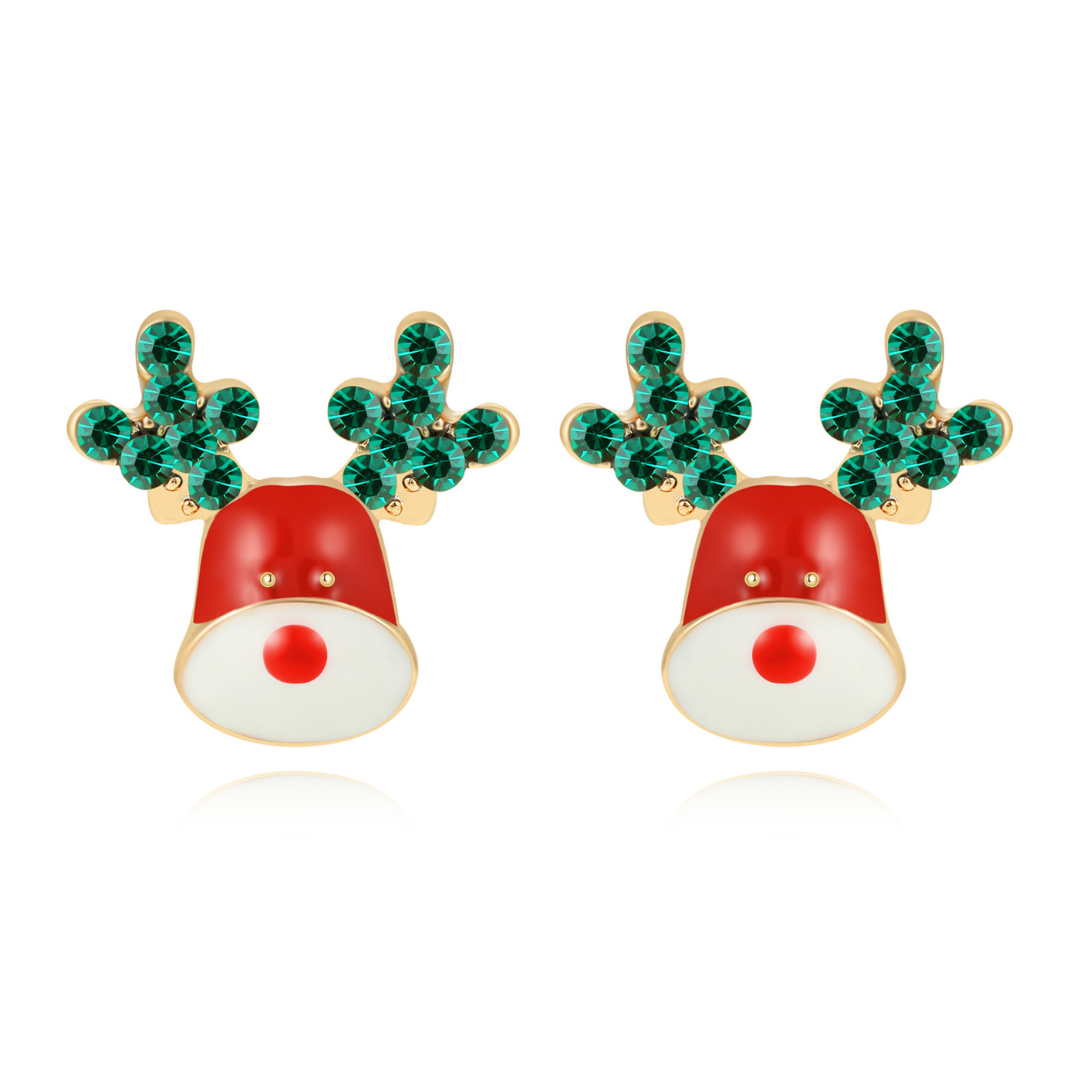 14K gold-plated reindeer stud earrings with hand-painted enamel and sparkling green spinel antlers from the Abundance Collection — festive holiday jewellery symbolizing joy and prosperity, by Ploutos Jewellery.