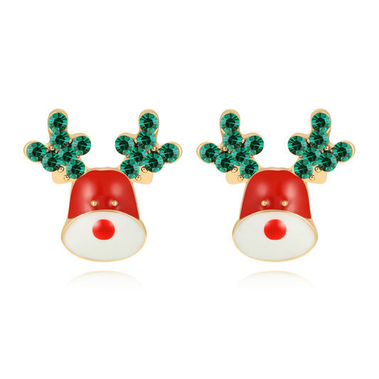 14K gold-plated reindeer stud earrings with hand-painted enamel and sparkling green spinel antlers from the Abundance Collection — festive holiday jewellery symbolizing joy and prosperity, by Ploutos Jewellery.