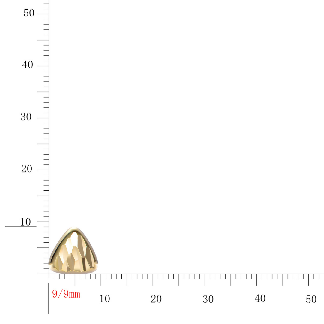 14K gold-plated faceted triangle stud earrings from the Wealth Collection — 9mm minimalist geometric design with reflective texture, symbolizing elegance and prosperity by Ploutos Jewellery.