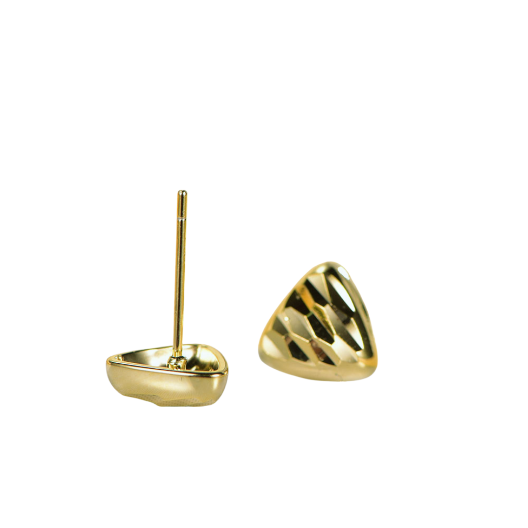 14K gold-plated faceted triangle stud earrings from the Wealth Collection — close-up side view showcasing polished geometric texture and solid craftsmanship, minimalist luxury design by Ploutos Jewellery.