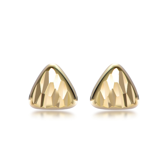 14K gold-plated faceted triangle stud earrings from the Wealth Collection — minimalist geometric design reflecting light and prosperity, symbolizing modern luxury and empowerment by Ploutos Jewellery.