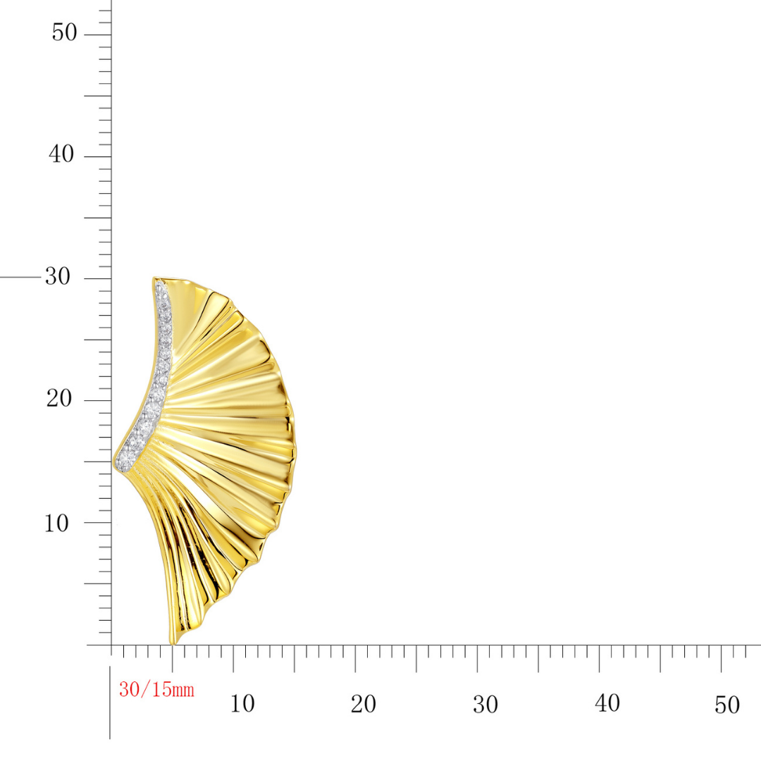 14K gold-plated fan-shaped statement earring from the Wealth Collection — sculpted luxury design with pavé zircon detailing, 30mm x 15mm size reference, by Ploutos Jewellery.