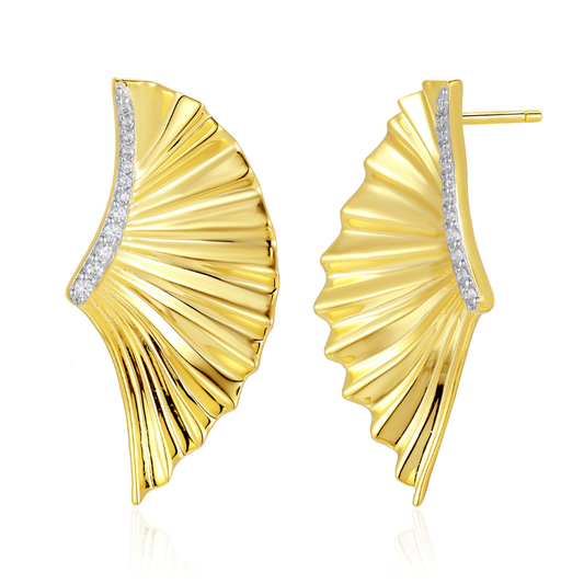 14K gold-plated fan-shaped statement earrings from the Wealth Collection — luxurious sculpted design with pavé zircon detailing, symbolizing radiance and prosperity, by Ploutos Jewellery.