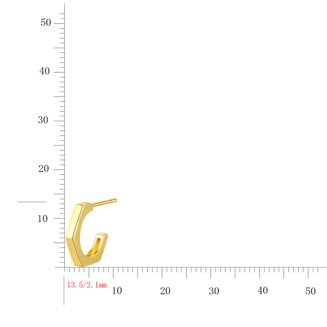 14K gold-plated geometric hoop earring from the Wealth Collection — minimalist angular design symbolizing strength and prosperity, 13.5mm x 2.1mm size reference by Ploutos Jewellery.