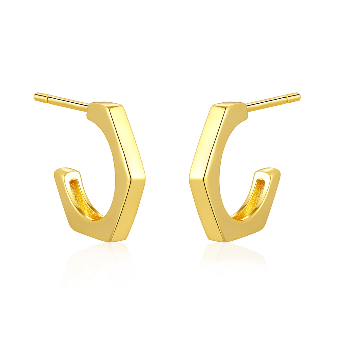 14K gold-plated geometric hoop earrings from the Wealth Collection — modern minimalist jewellery representing strength and confidence, polished hexagonal design by Ploutos Jewellery.