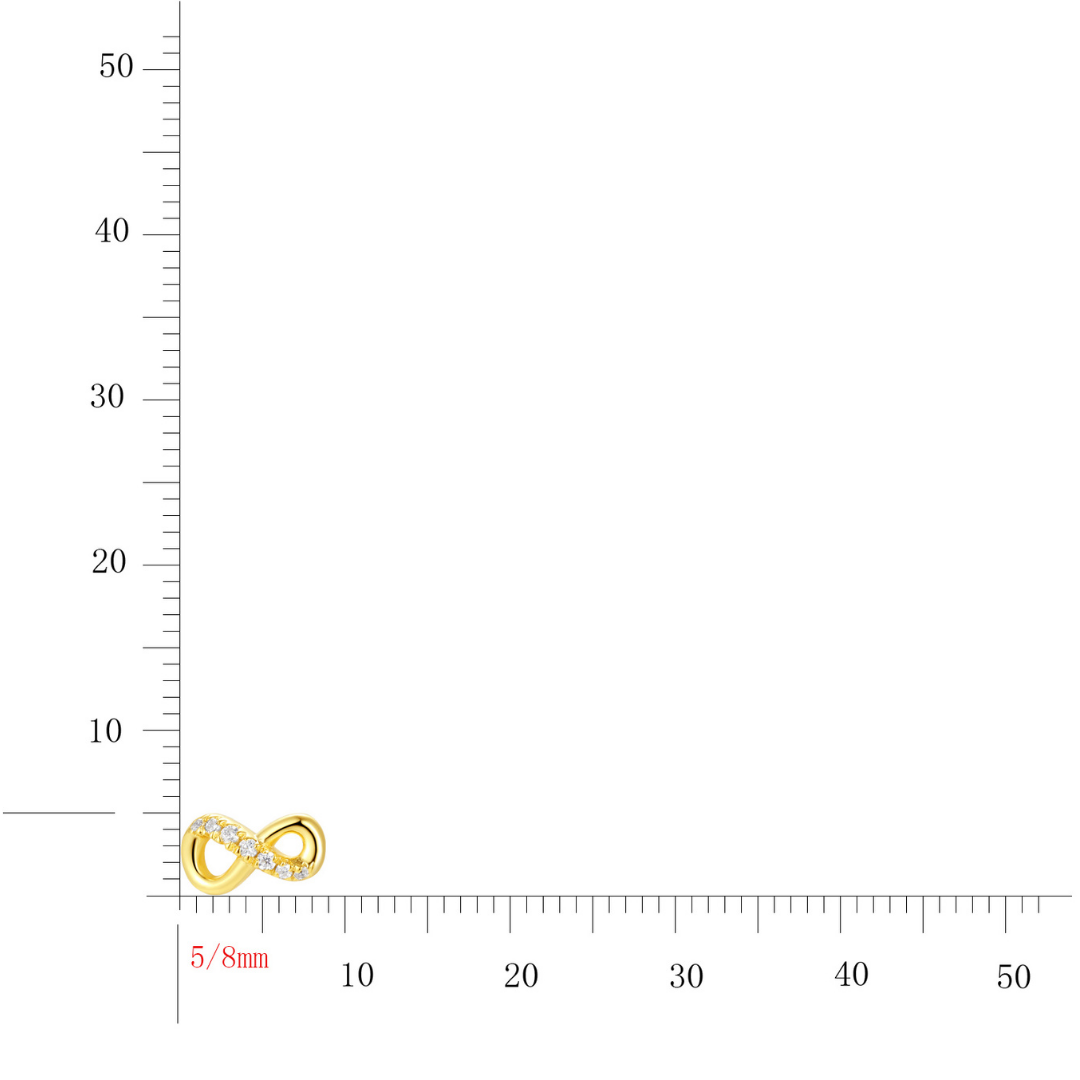 14K gold-plated infinity stud earring with cubic zirconia from the Abundance Collection — elegant minimalist jewellery symbolizing endless love and prosperity, 5mm x 8mm size reference image by Ploutos Jewellery.