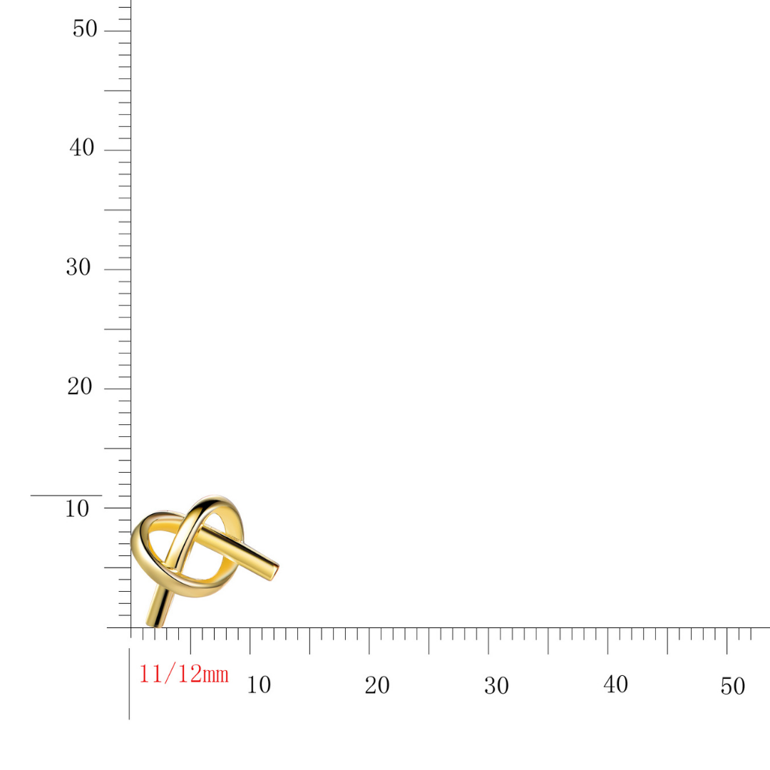 14K gold-plated knot stud earring from the Abundance Collection — detailed size chart image showing 11x12mm dimensions, minimalist twisted loop design symbolizing connection and abundance, crafted by Ploutos Jewellery.