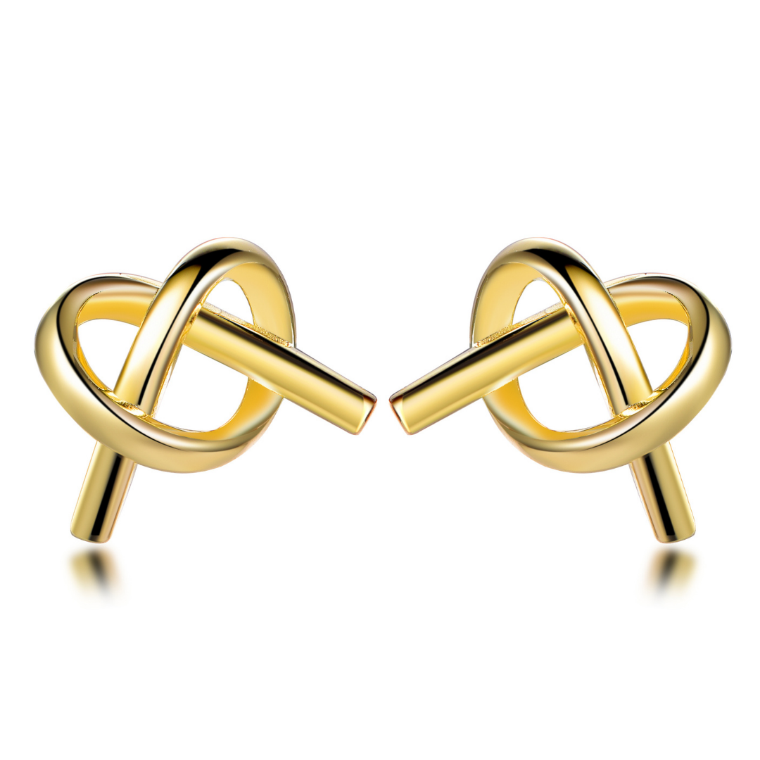 14K gold-plated knot stud earrings from the Abundance Collection — elegant twisted loop design symbolizing harmony, love, and abundance, polished minimalist finish by Ploutos Jewellery.