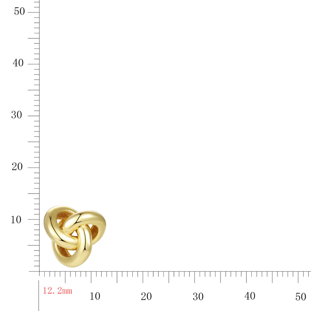 14K gold-plated love knot stud earring from the Abundance Collection — classic minimalist jewellery symbolizing eternal unity and inner abundance, 12.2mm size reference image by Ploutos Jewellery.